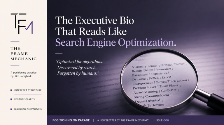 POP 006 — The Executive Bio That Reads Like Search Engine Optimization