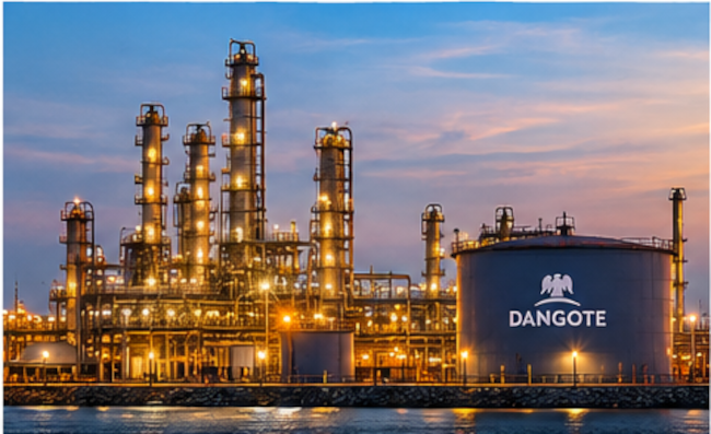 Dangote refinery industrial complex at dusk.